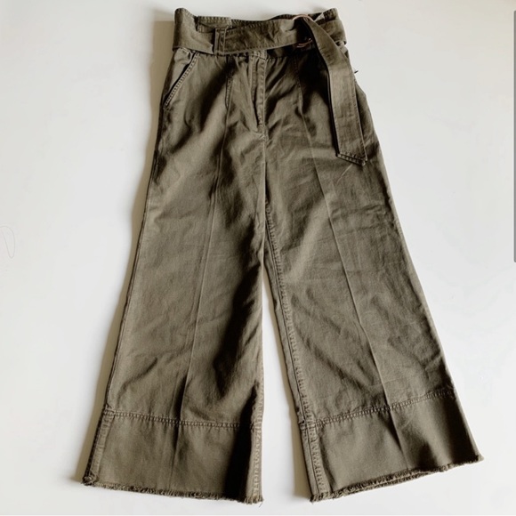 Cinq A Sept Serge Belted Wide Leg Cropped Trousers Olive Green Cotton Size 6 - Picture 3 of 3